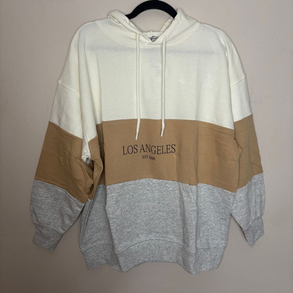 Stradivarius Hoodie Women Small White Brown Gray Color Block Los Angeles Varsity